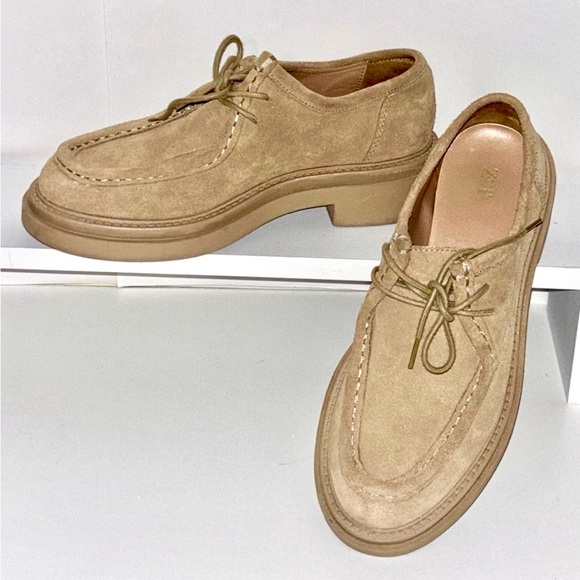 ZARA x Clarks Taupe Suede Platform Loafers EU 36/US 6 Granny Cottagecore Neutral - Picture 2 of 9